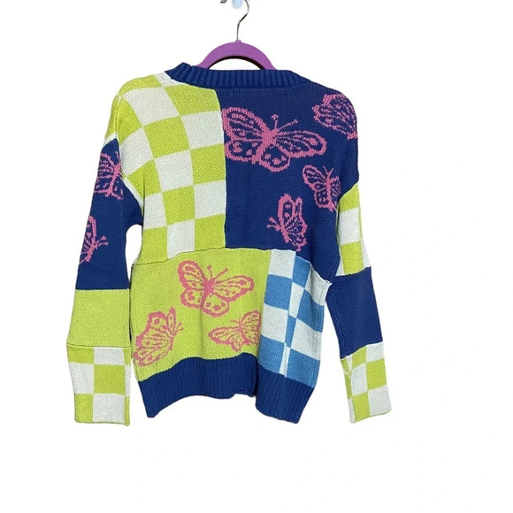 Forever‎ 21 Butterfly Checkered Sweater Blue Green Pink Size Medium - Picture 3 of 4